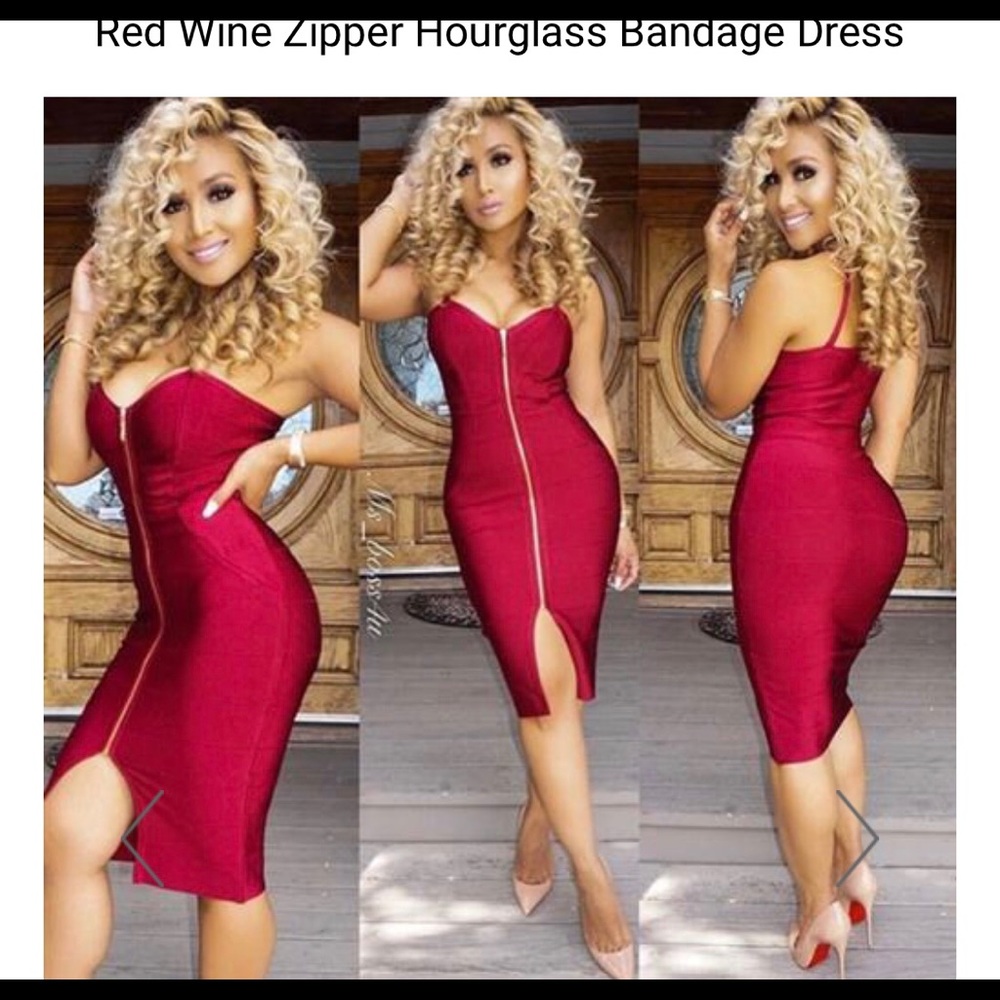 Red Wine Zipper Hourglass Bandage Dress